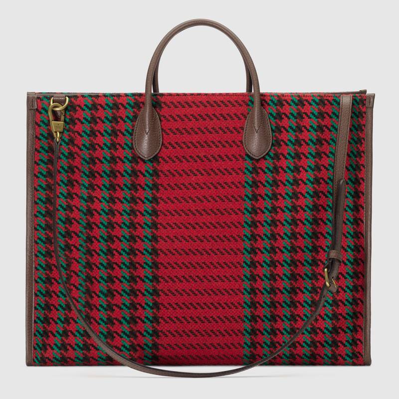 Houndstooth and Stripe Tote with Interlocking G Red and Green