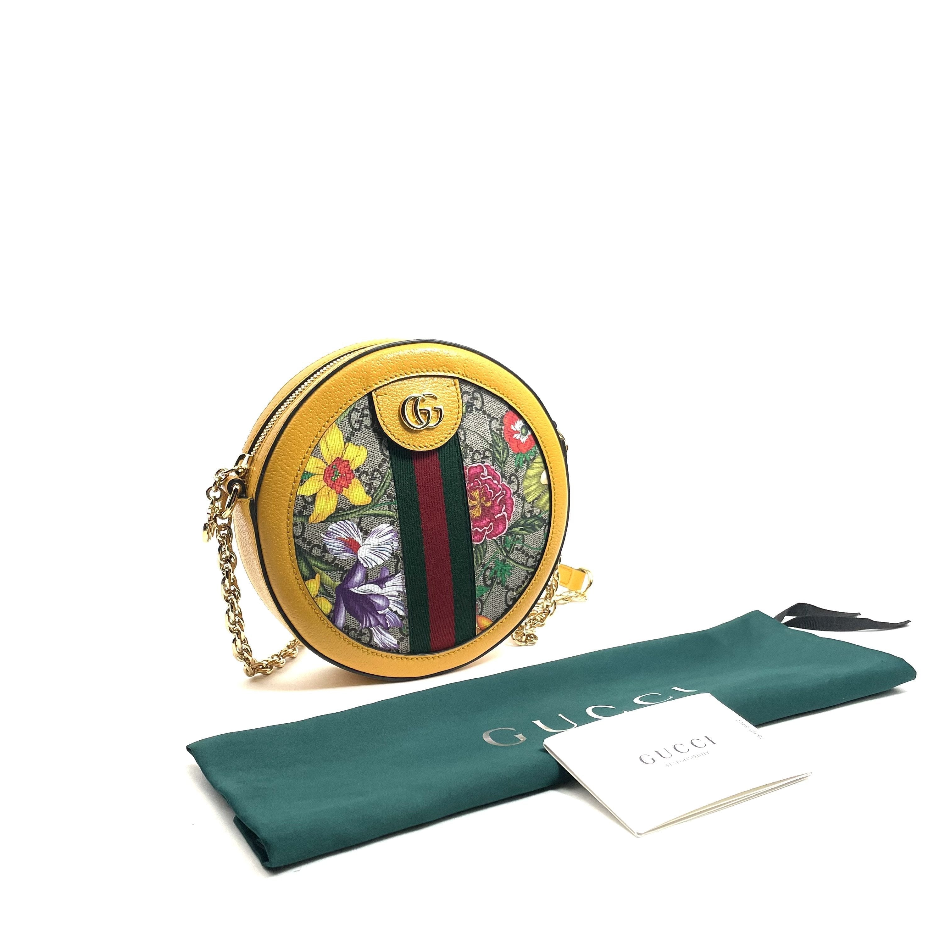 GUCCI Yellow Ophidia GG Flora Mini Round Shoulder Bag