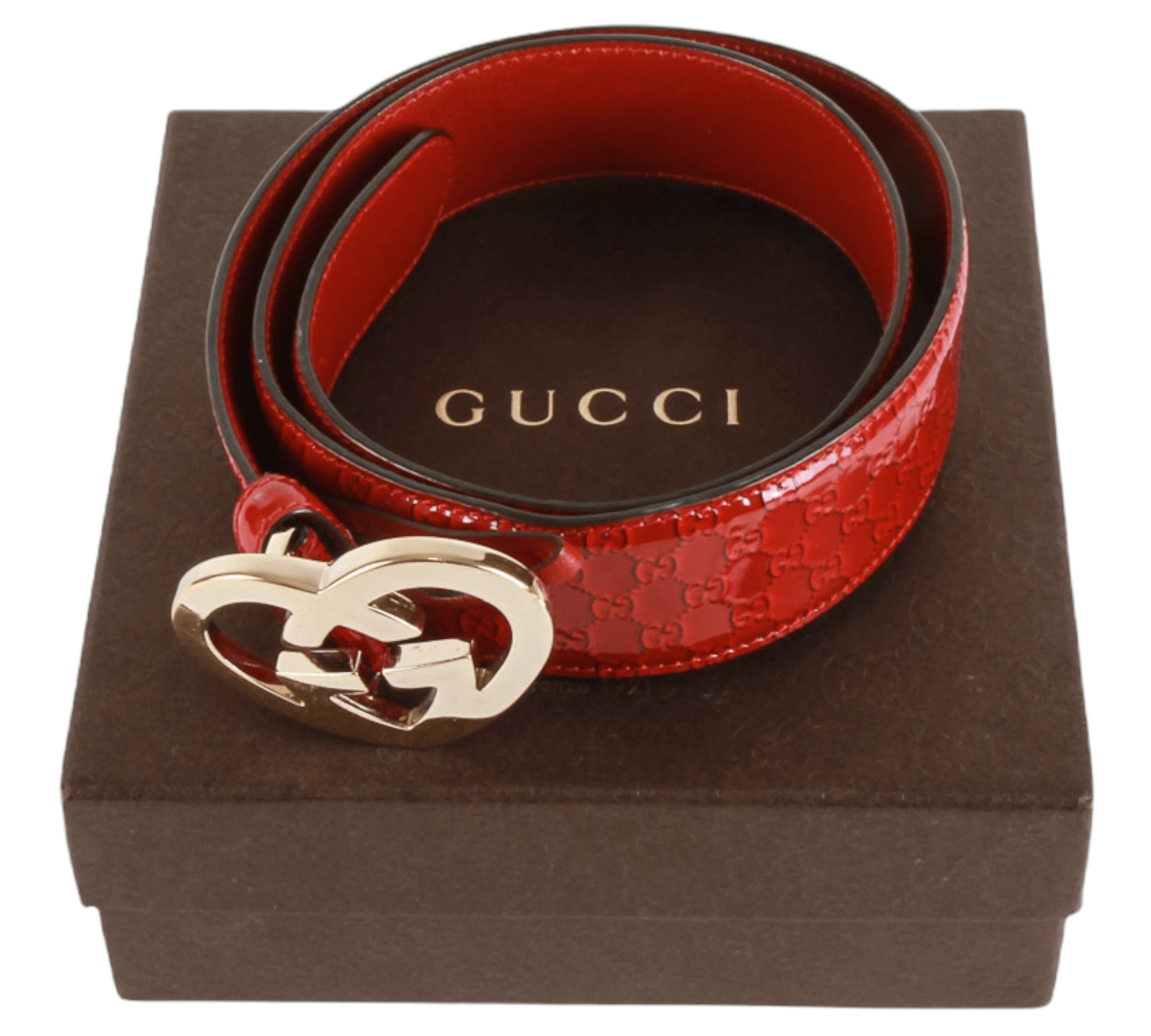 Authentic Gucci red patent leather heart buckle belt