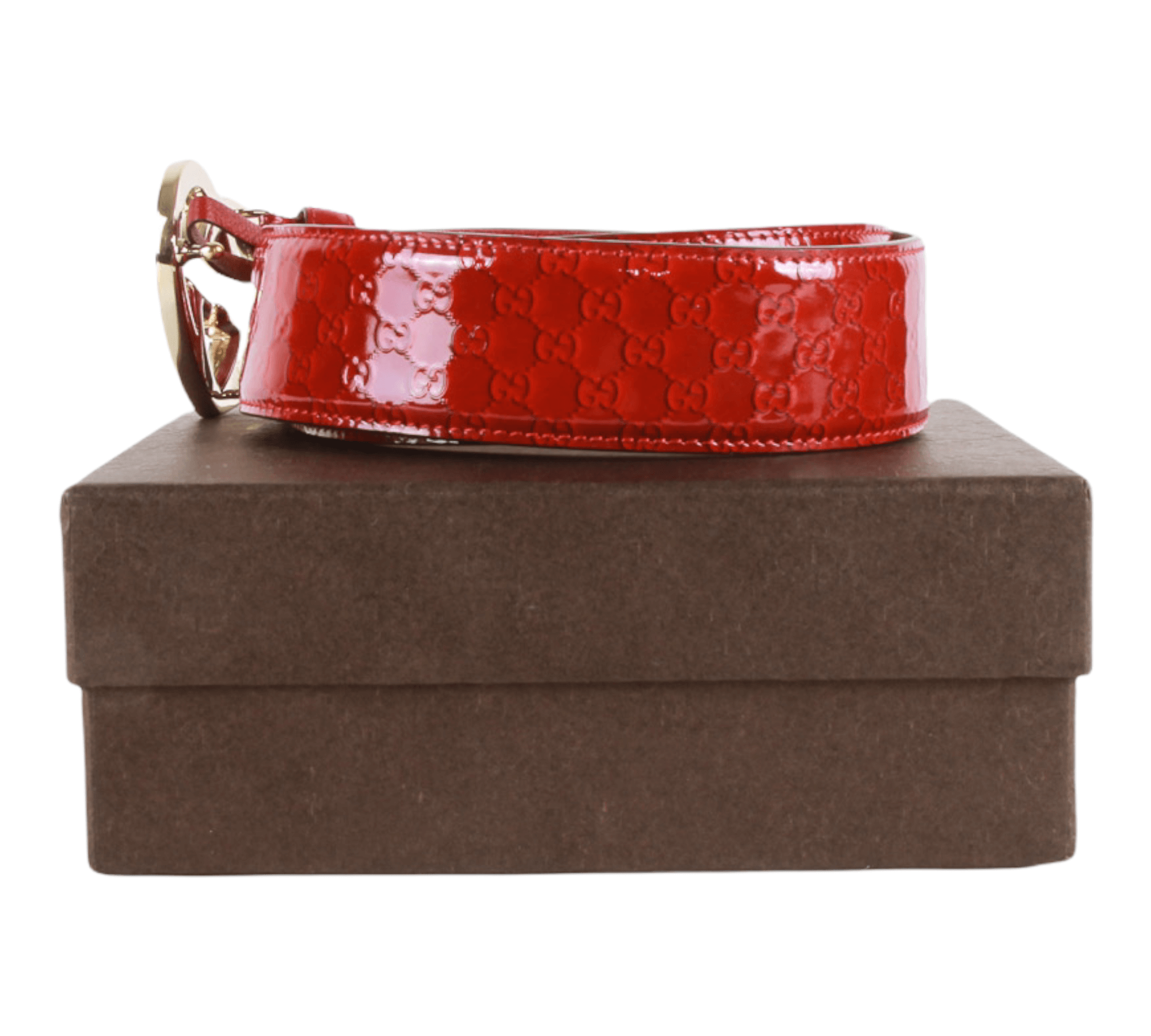 Authentic Gucci red patent leather heart buckle belt