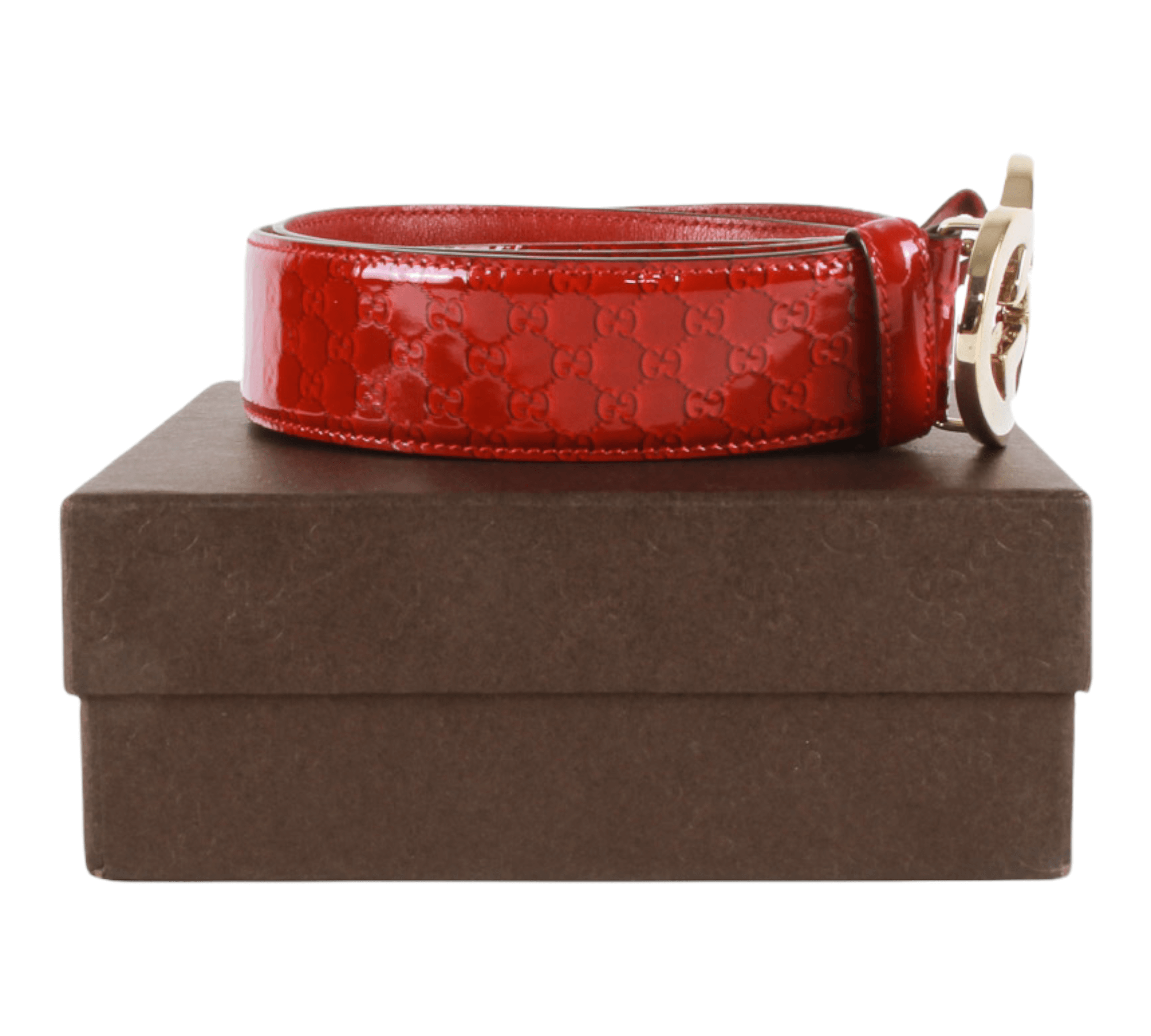 Authentic Gucci red patent leather heart buckle belt