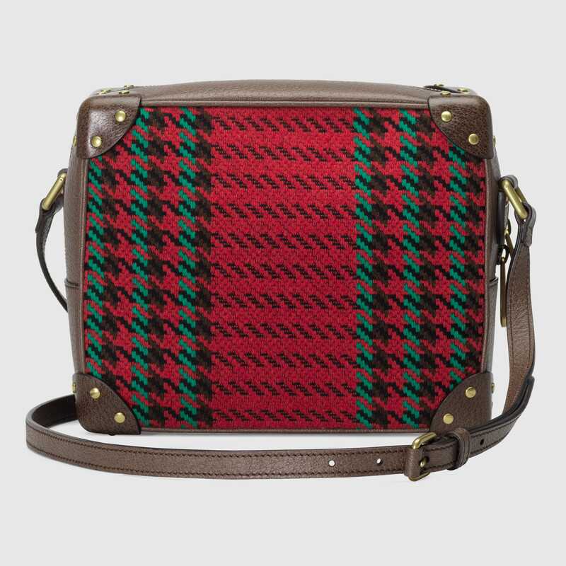 Houndstooth and Stripe Shoulder Bag with Interlocking G Red and Green Houndstooth