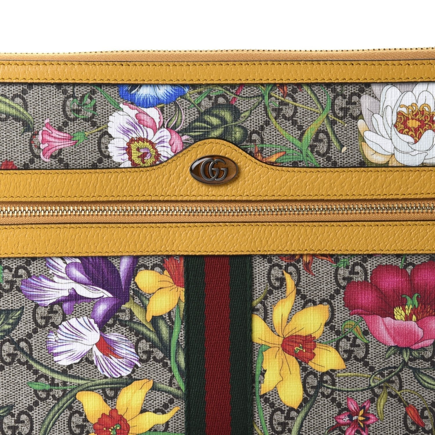 Gucci Ophidia Yellow Leather Supreme Canvas Flora Large Pouch Clutch Bag 517551