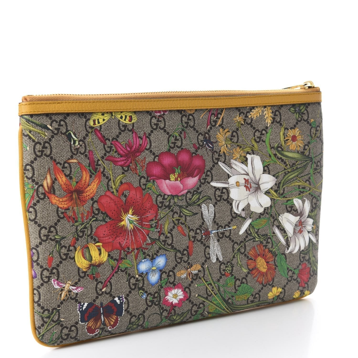 Gucci Ophidia Yellow Leather Supreme Canvas Flora Large Pouch Clutch Bag 517551