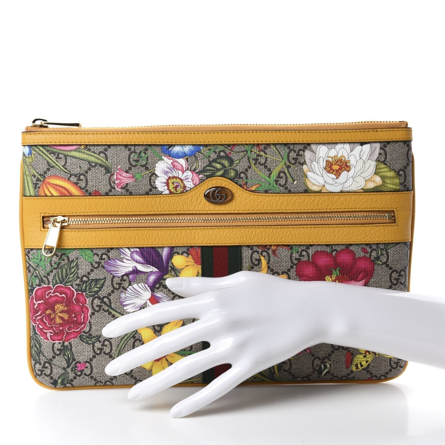 Gucci Ophidia Yellow Leather Supreme Canvas Flora Large Pouch Clutch Bag 517551