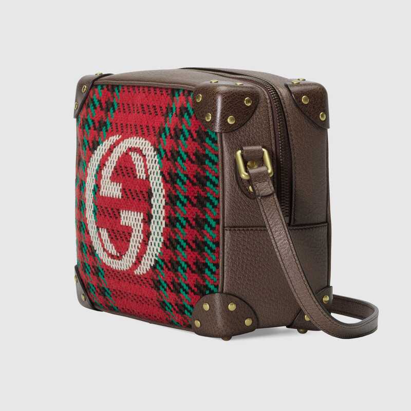 Houndstooth and Stripe Shoulder Bag with Interlocking G Red and Green Houndstooth