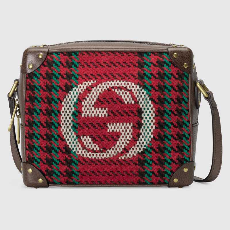 Houndstooth and Stripe Shoulder Bag with Interlocking G Red and Green Houndstooth