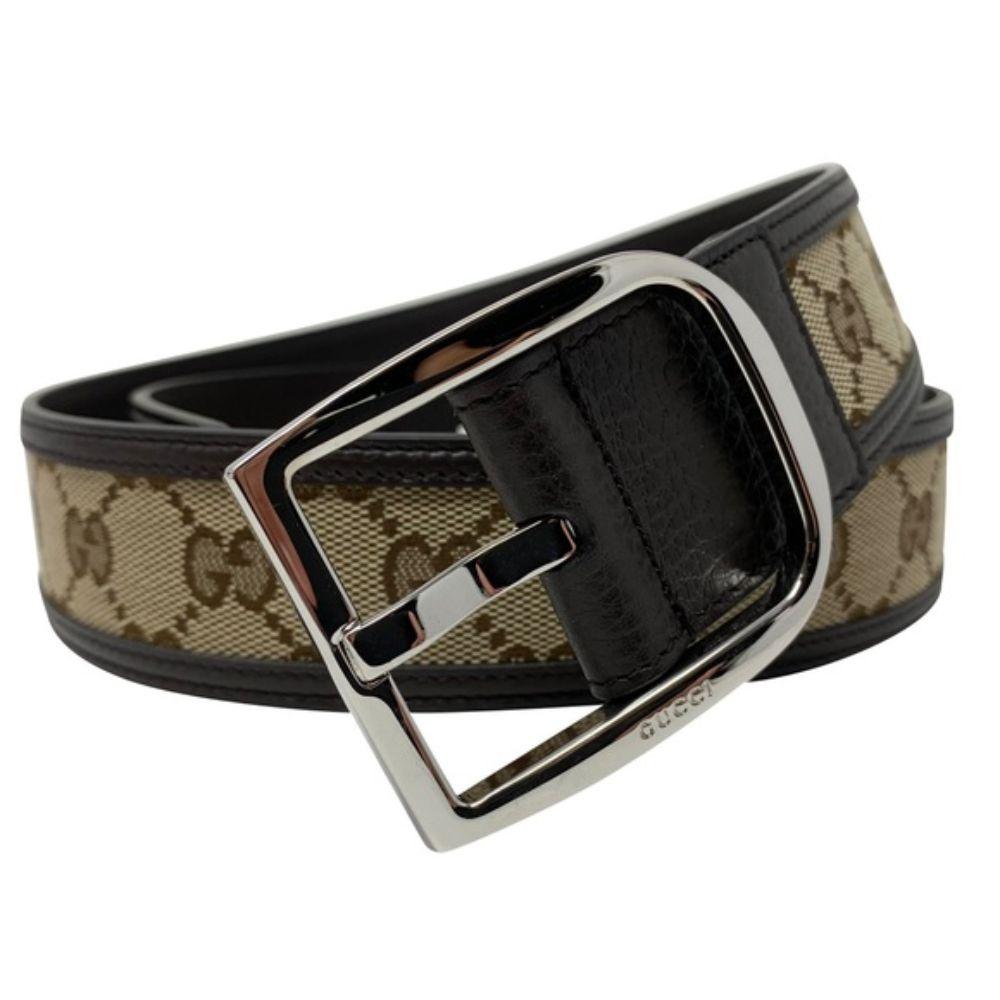 Gucci Original GG Logo Belt Canvas Brown Leather Unisex 449716 Size 36/90