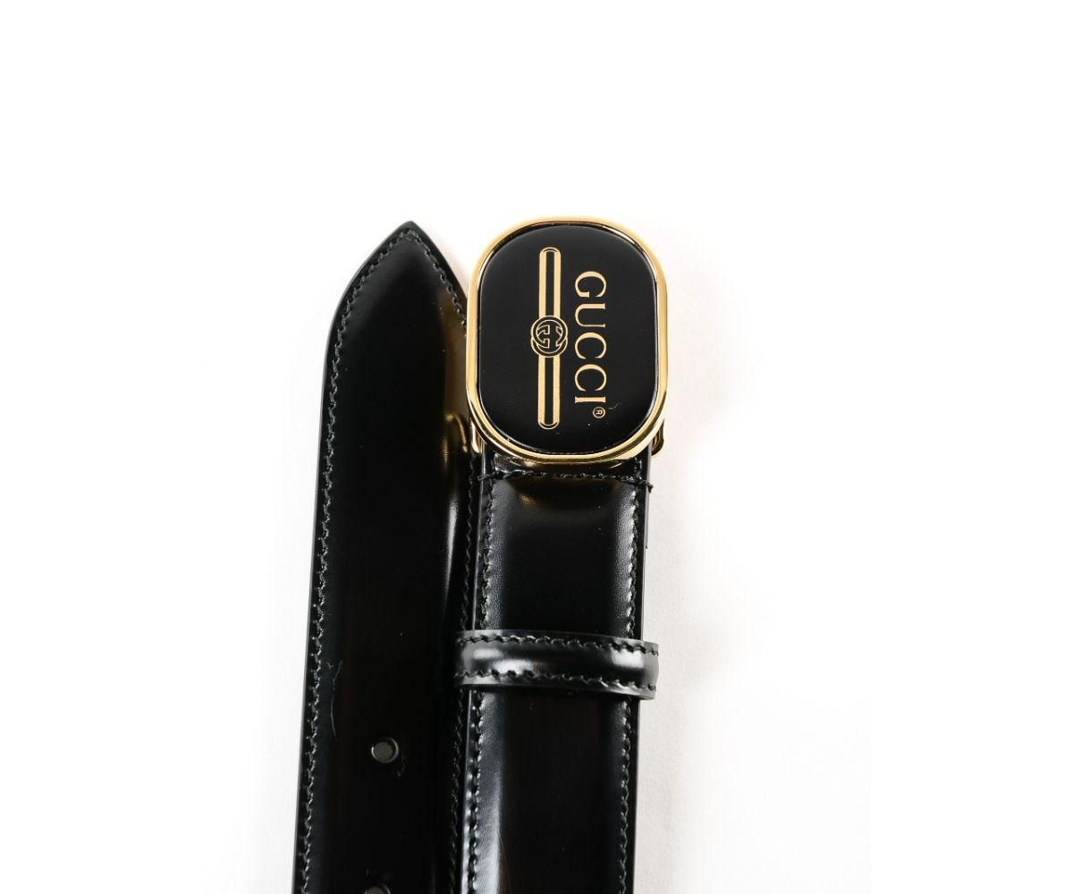 Gucci Black Leather Enamel Logo Buckle 85/34 547754