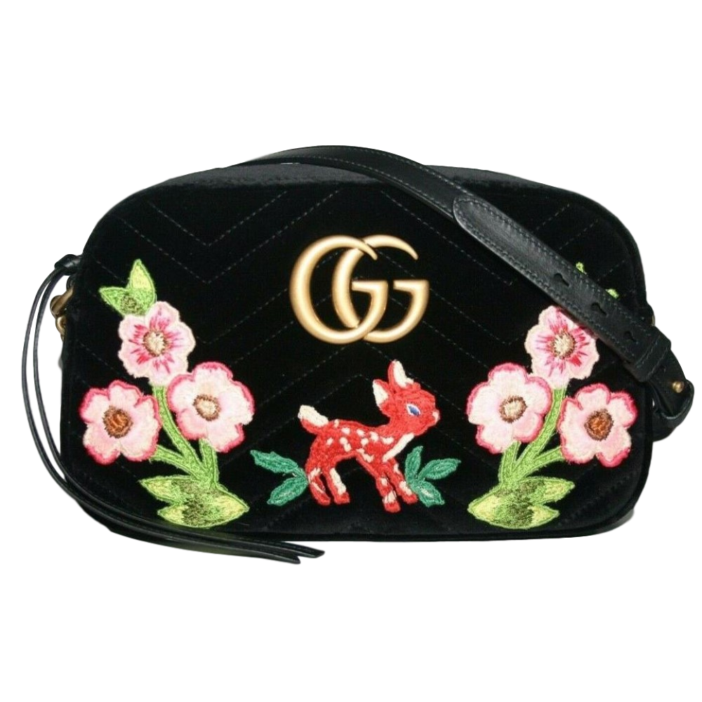 Gucci GG Marmont Matelasse Embroidered Black Nero Velvet Crossbody 447632