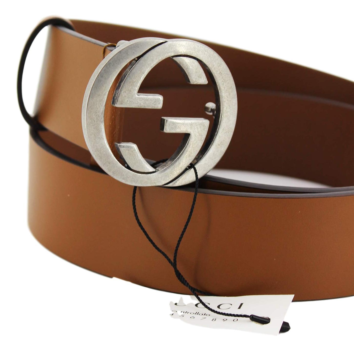 Gucci Brown Leather Silver Toned Hardware Interlocking G Buckle Belt 546389 95/38