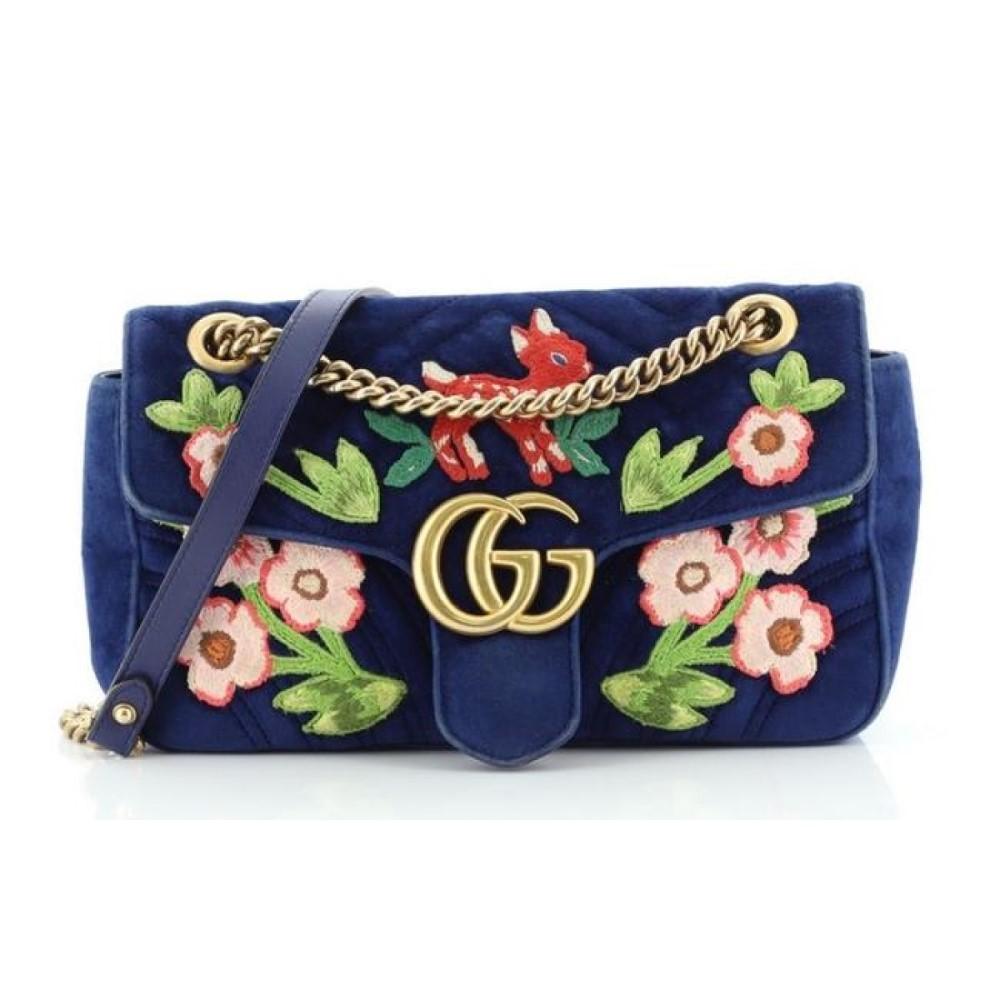 Gucci Flap Marmont GG Embroidered Matelasse Blue Velvet Cross Body 443497