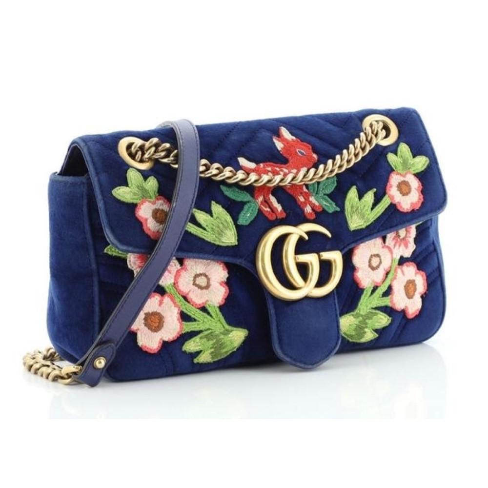 Gucci Flap Marmont GG Embroidered Matelasse Blue Velvet Cross Body 443497