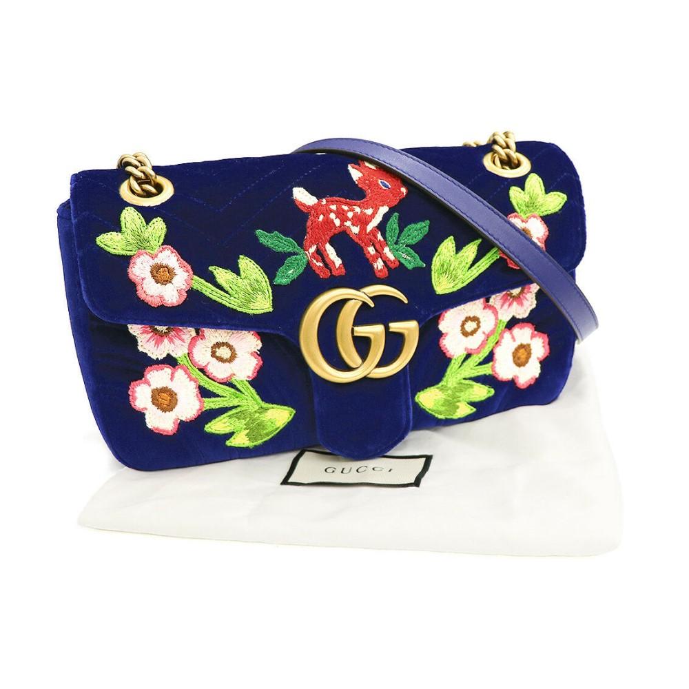 Gucci Flap Marmont GG Embroidered Matelasse Blue Velvet Cross Body 443497