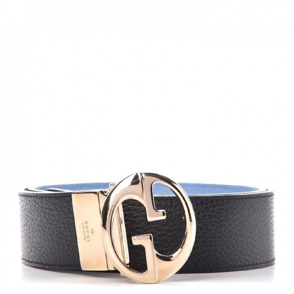 Gucci GG Dollar Calf Leather Nero Black/ Mineral Blue Reversible Belt Size 95/38