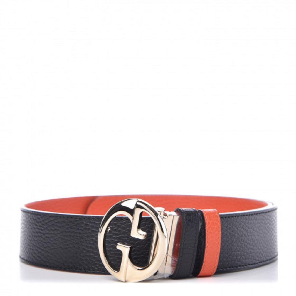 Gucci GG Dollar Calf Leather Nero Black/ Sun Orange Reversible Belt Size 90/36