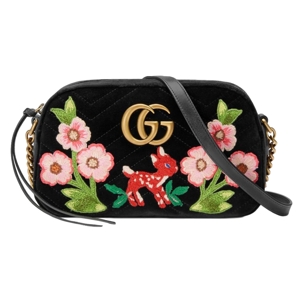 Gucci GG Marmont Matelasse Embroidered Black Nero Velvet Crossbody 447632