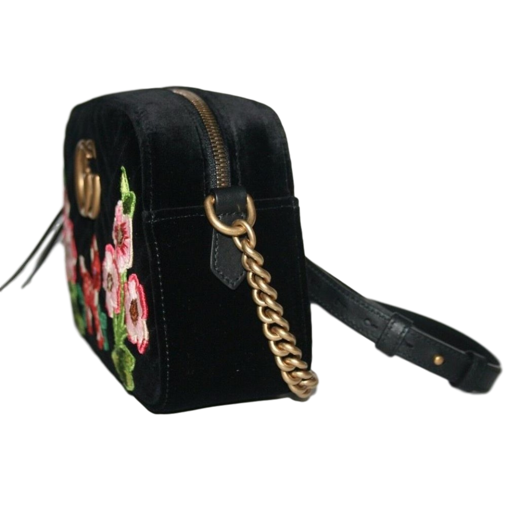 Gucci GG Marmont Matelasse Embroidered Black Nero Velvet Crossbody 447632