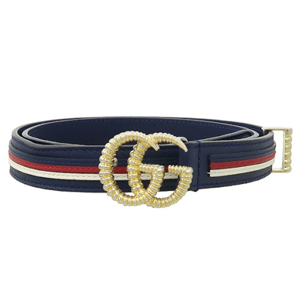 Gucci Marmont GG Logo Thin Blue Red Web Stripe Leather Belt Size 100 40 550115