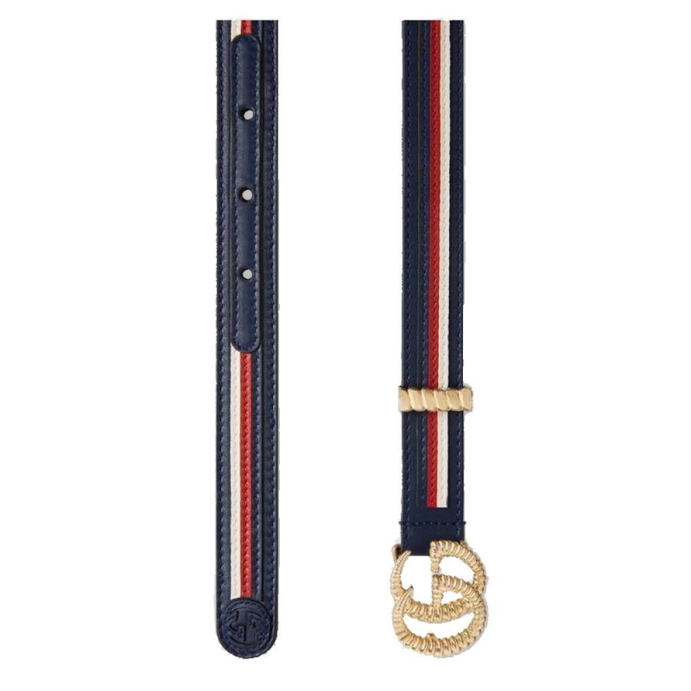 Gucci Marmont GG Logo Thin Blue Red Web Stripe Leather Belt Size 100 40 550115