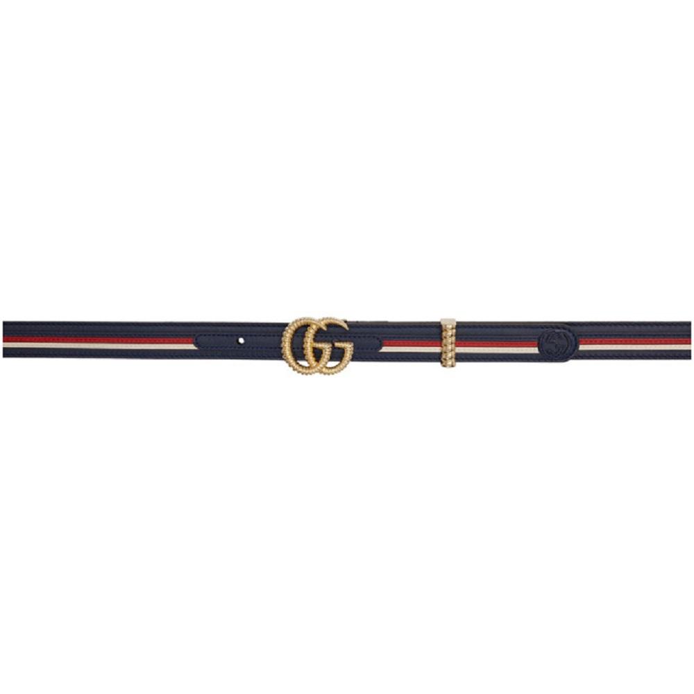 Gucci Marmont GG Logo Thin Blue Red Web Stripe Leather Belt Size 100 40 550115