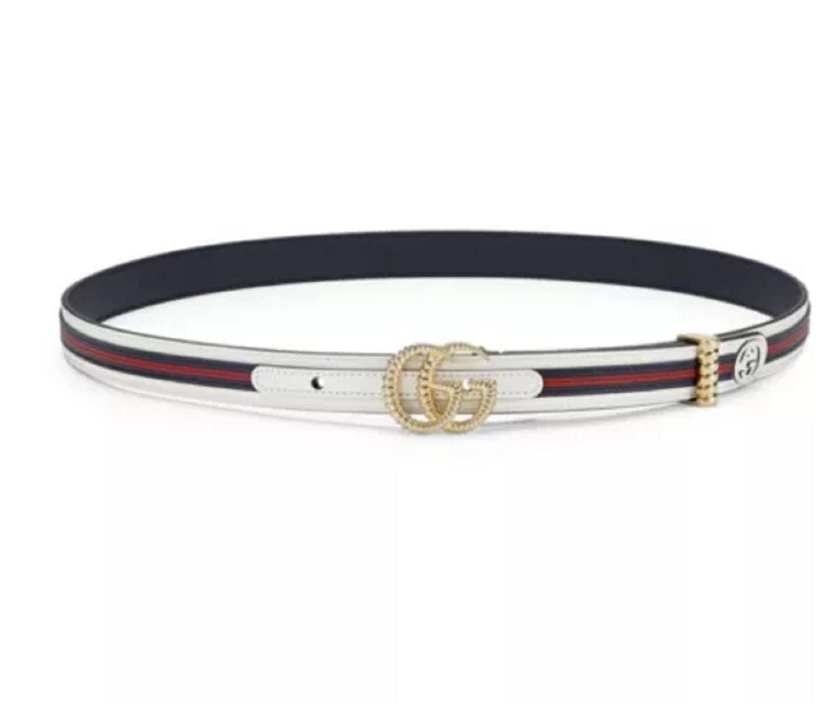 Gucci Marmont GG Logo Thin White Red Web Stripe Leather Belt Size 100 40 550115