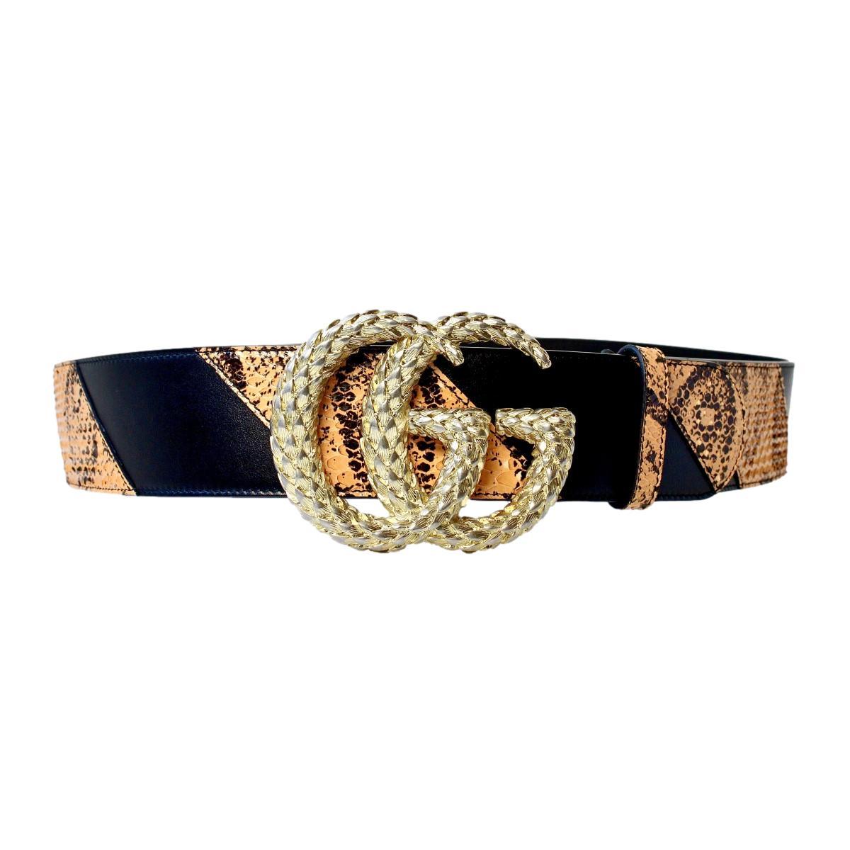 Gucci Marmont Wide GG Nero Black Caramel Textured Buckle Leather Belt 576203 95