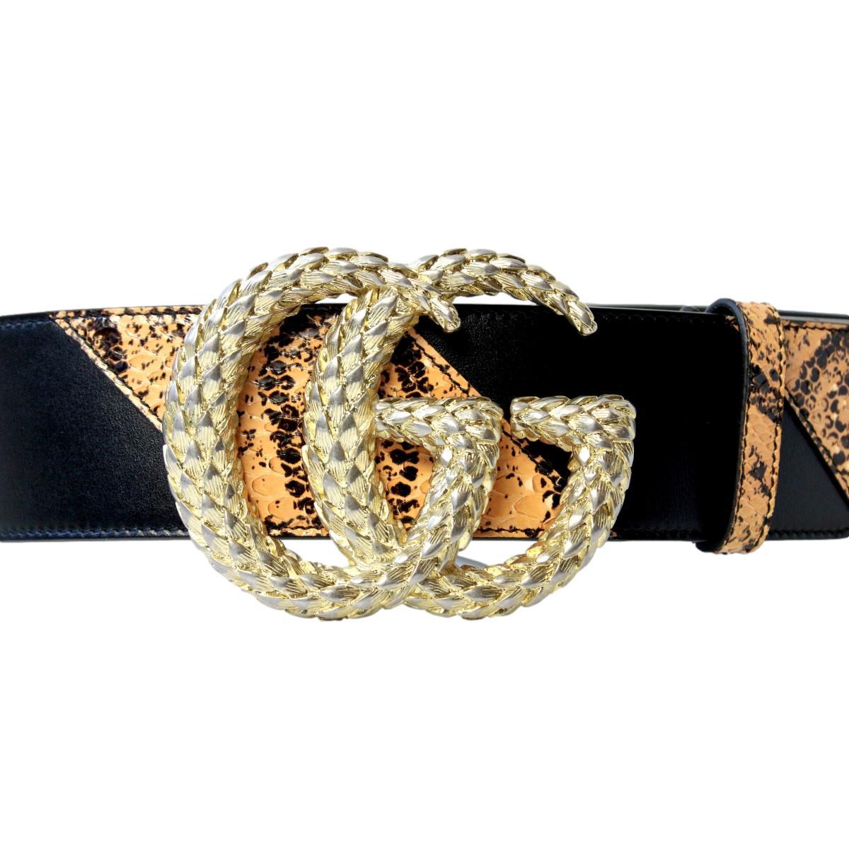 Gucci Marmont Wide GG Nero Black Caramel Textured Buckle Leather Belt 576203 95