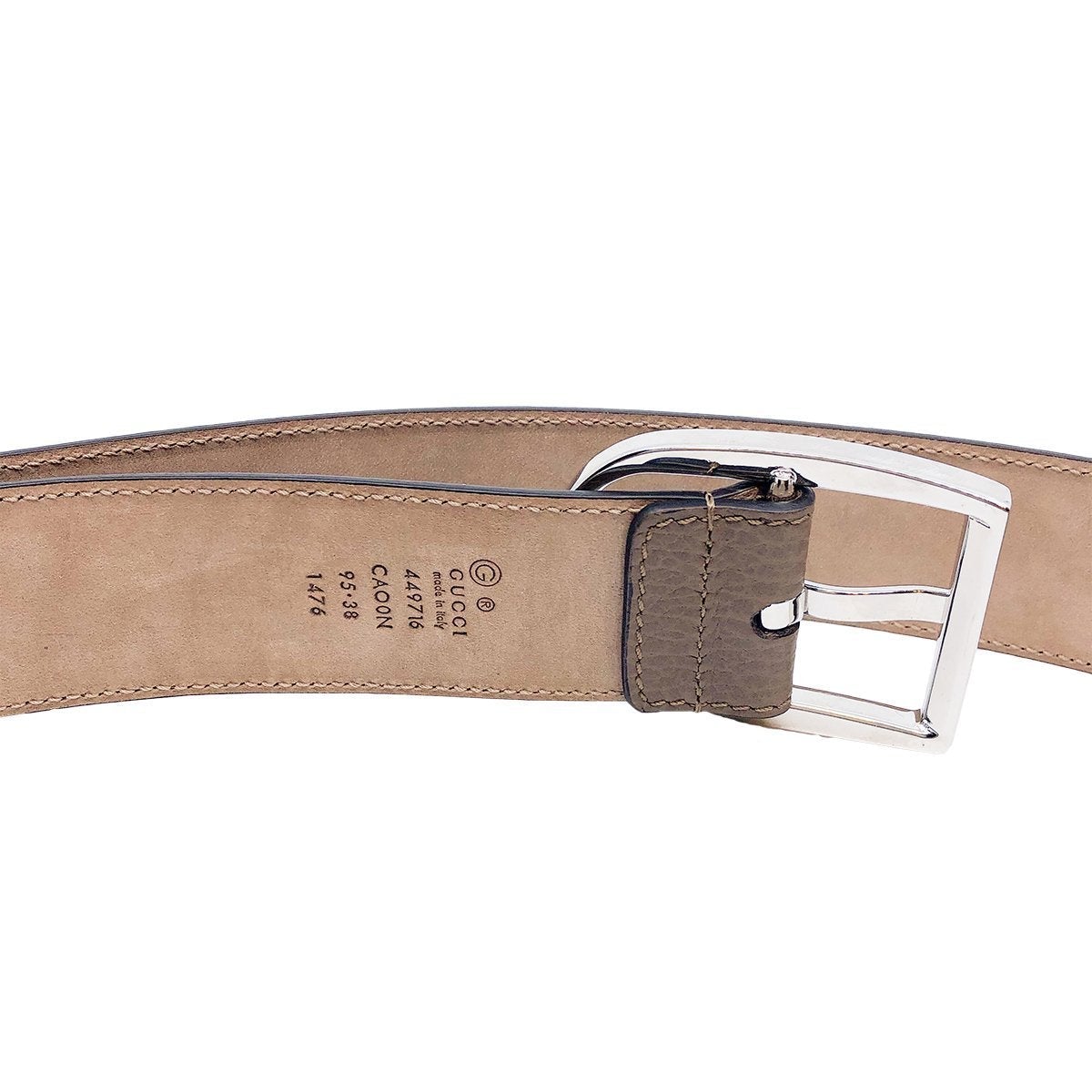 Gucci Mens Acero Brown Dollar Calf Pebbled Leather Silver Hardware Belt 449716 Size 95/38