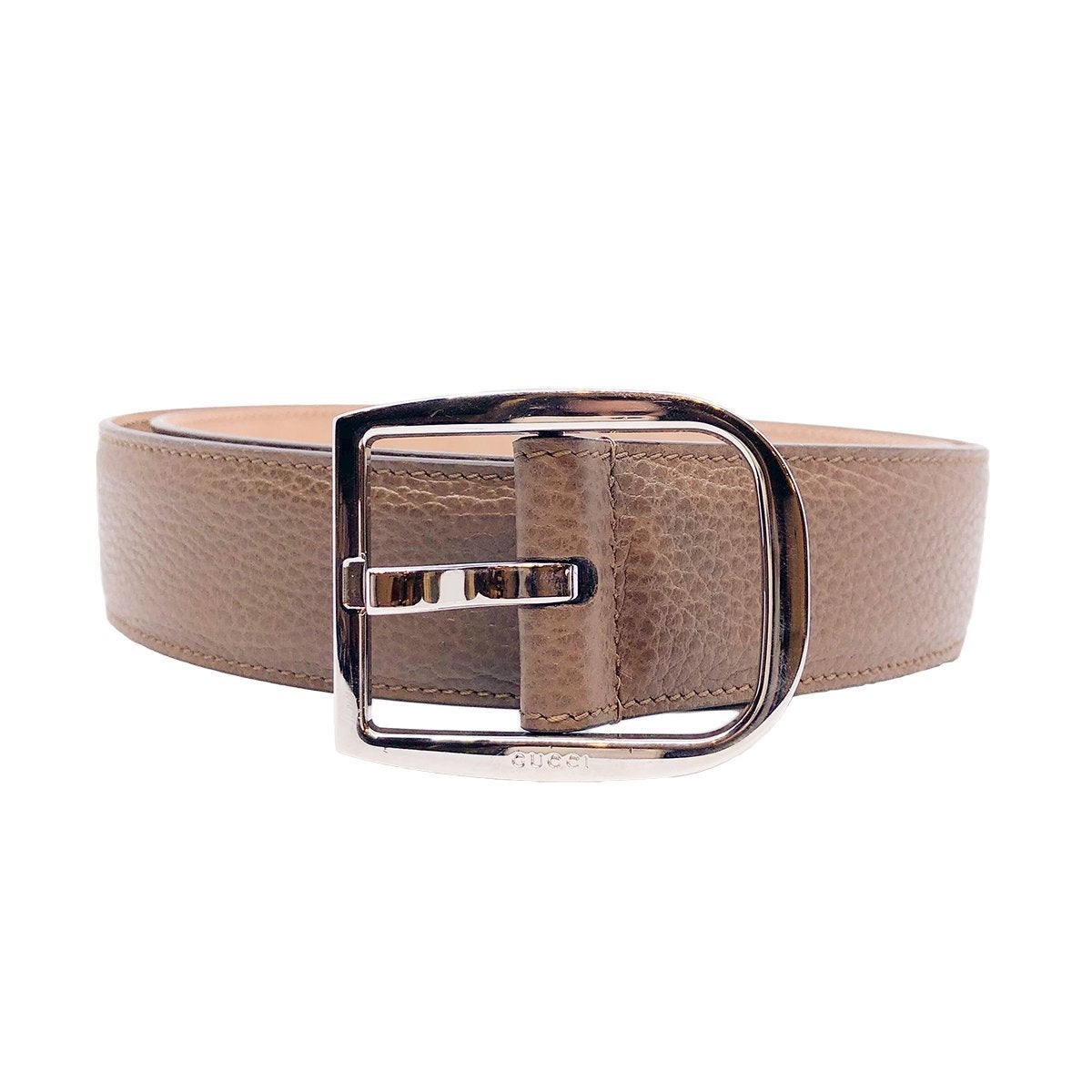 Gucci Mens Acero Brown Dollar Calf Pebbled Leather Silver Hardware Belt 449716 Size 95/38