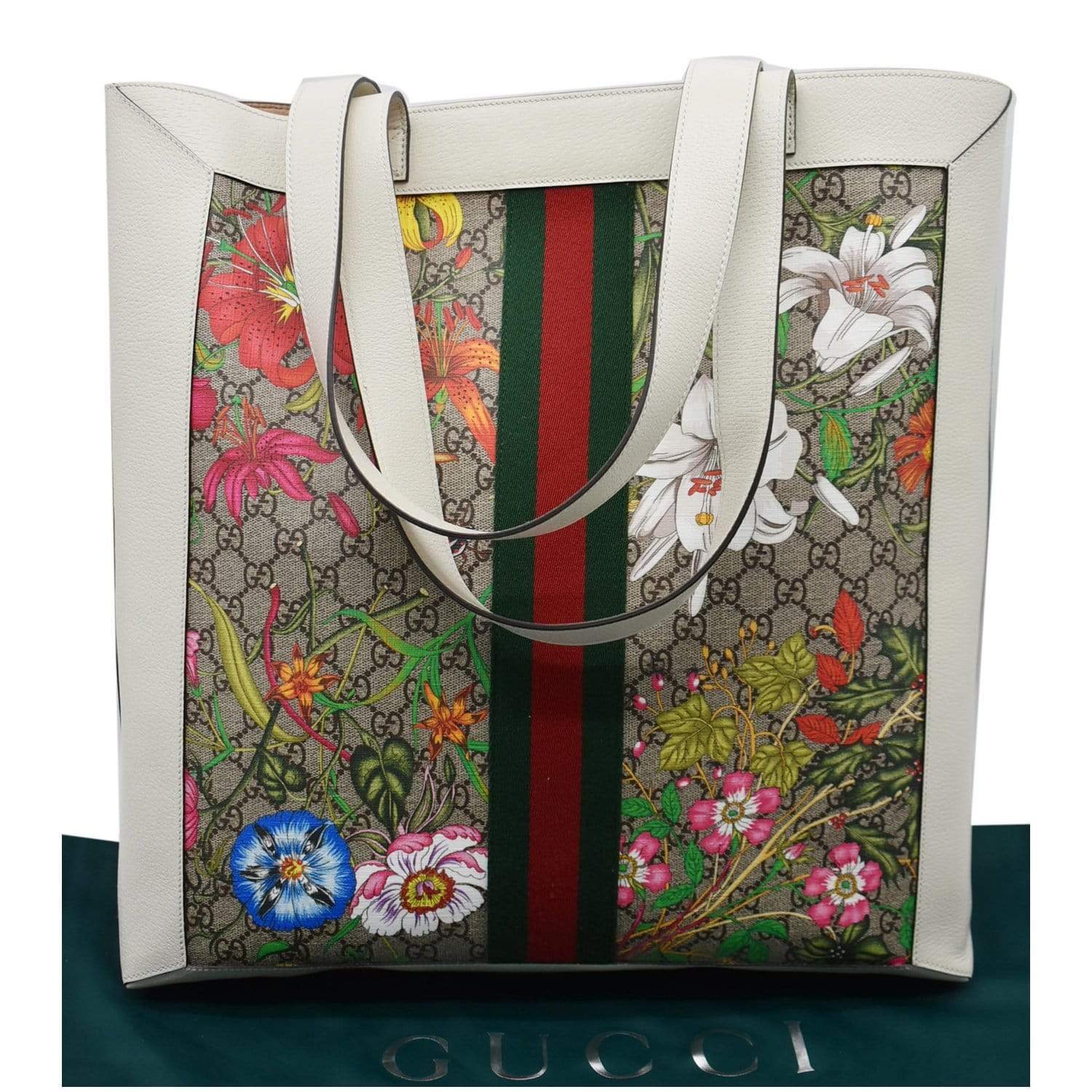 Gucci Ophidia GG Flora Canvas White Leather Vertical Shopping Tote 519335