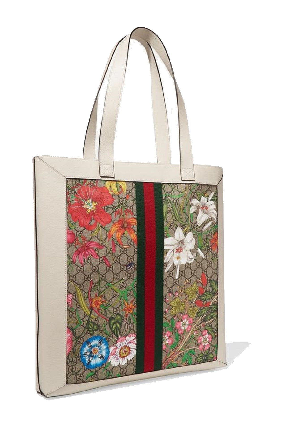 Gucci Ophidia GG Flora Canvas White Leather Vertical Shopping Tote 519335