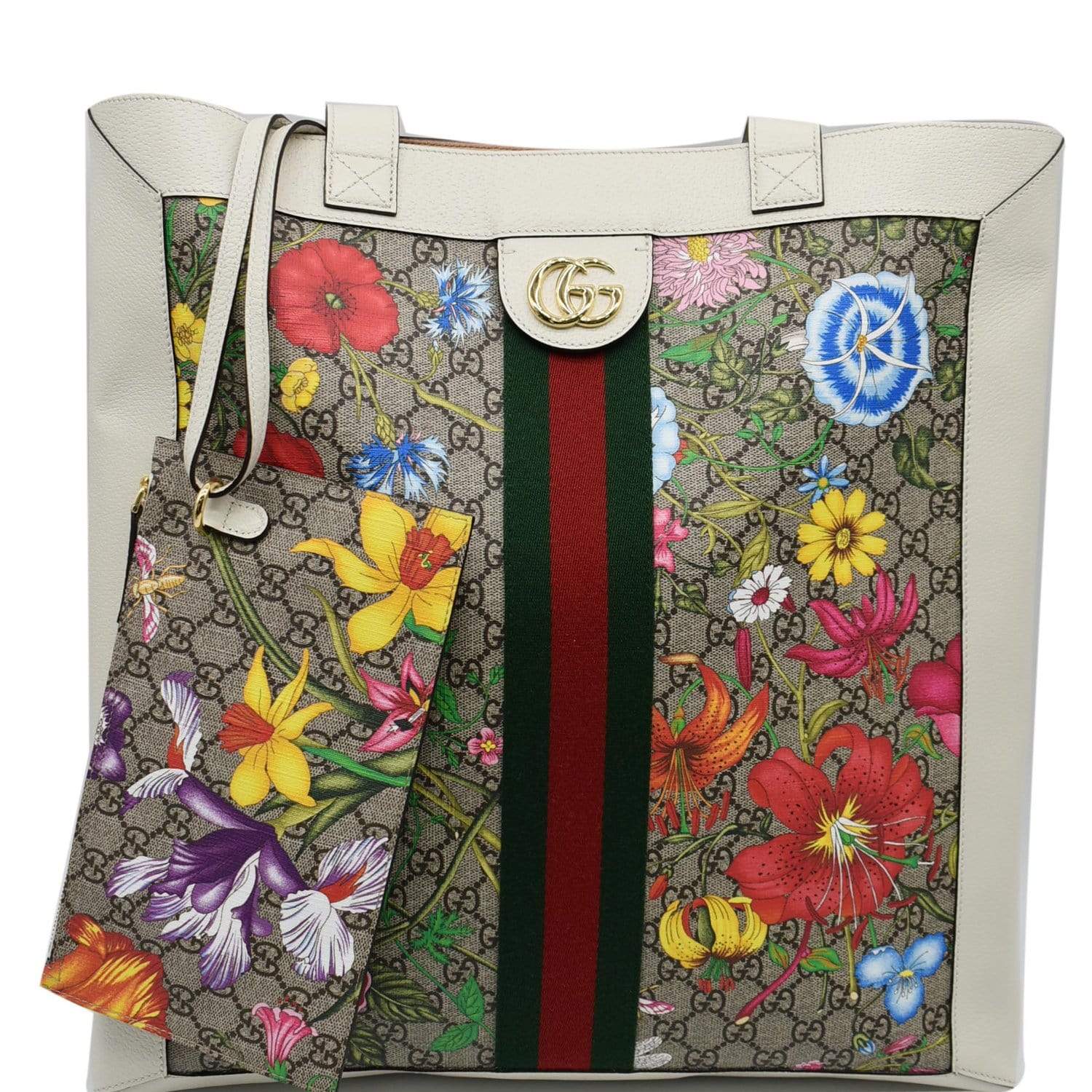 Gucci Ophidia GG Flora Canvas White Leather Vertical Shopping Tote 519335