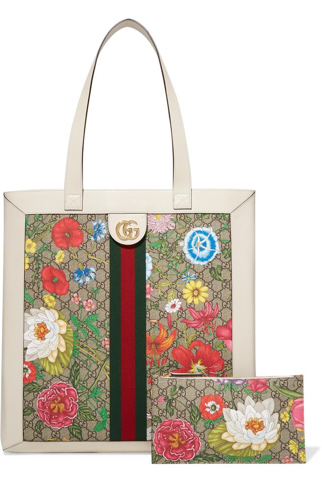 Gucci Ophidia GG Flora Canvas White Leather Vertical Shopping Tote 519335