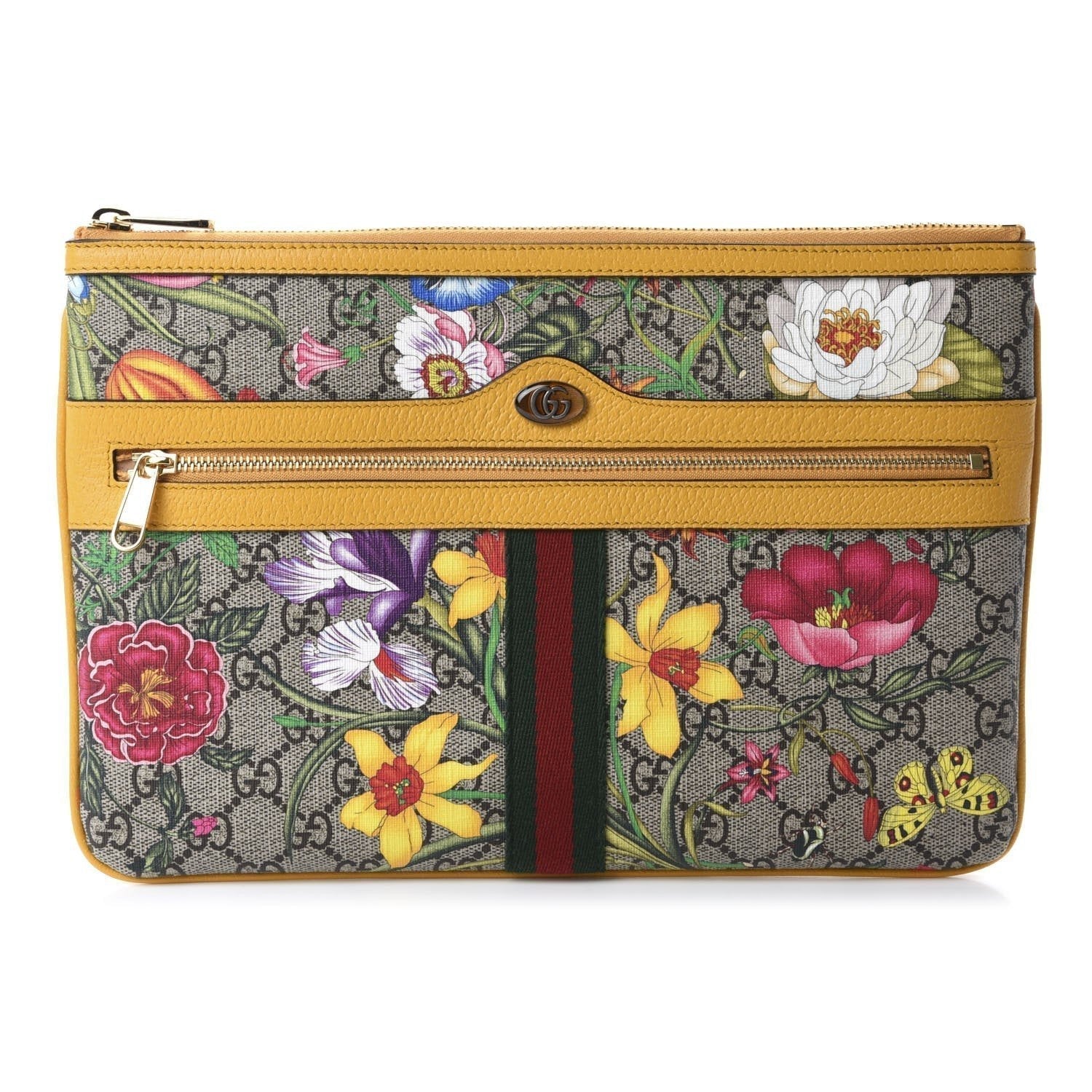 Gucci Ophidia Yellow Leather Supreme Canvas Flora Large Pouch Clutch Bag 517551