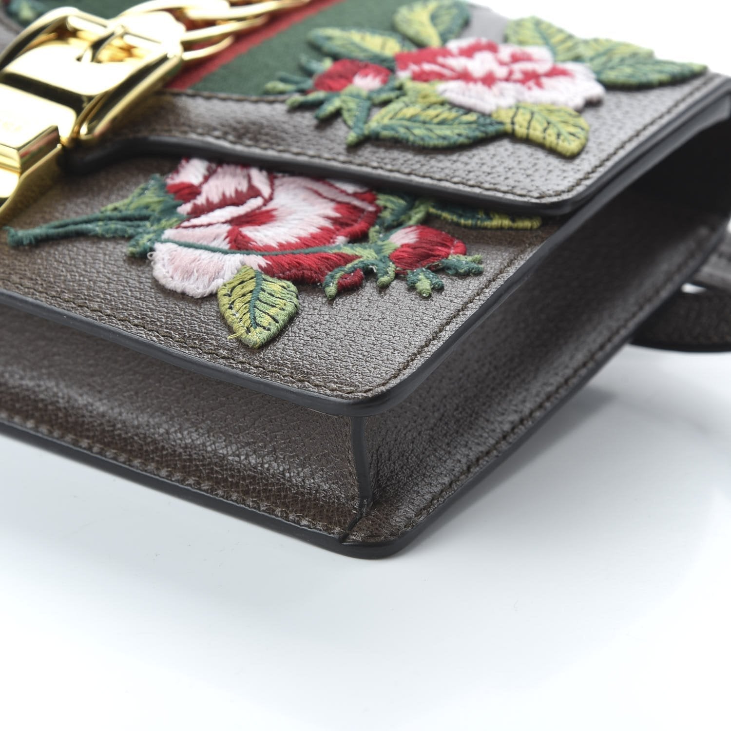 Gucci Sylvie Belt Bag Floral Rose Embroidered Brown Leather 476811