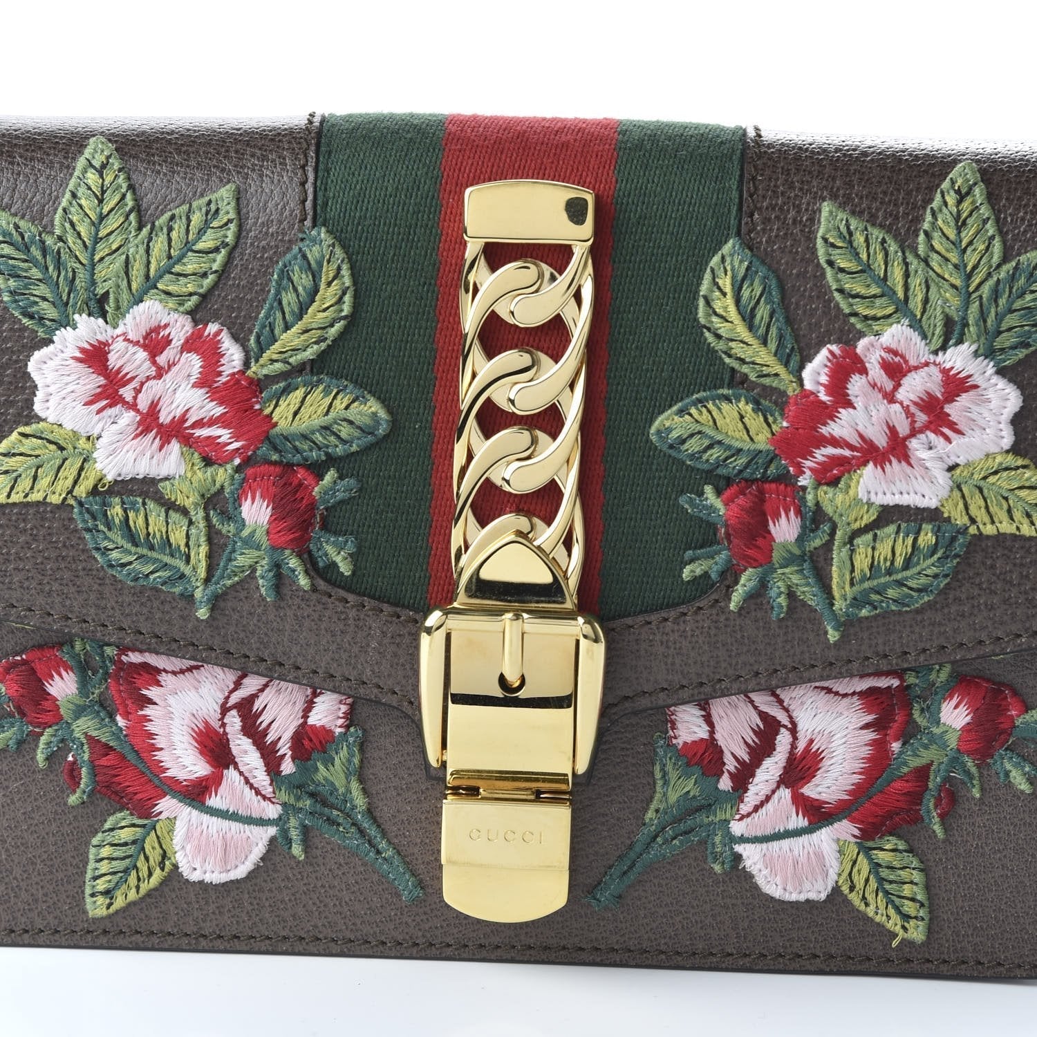 Gucci Sylvie Belt Bag Floral Rose Embroidered Brown Leather 476811