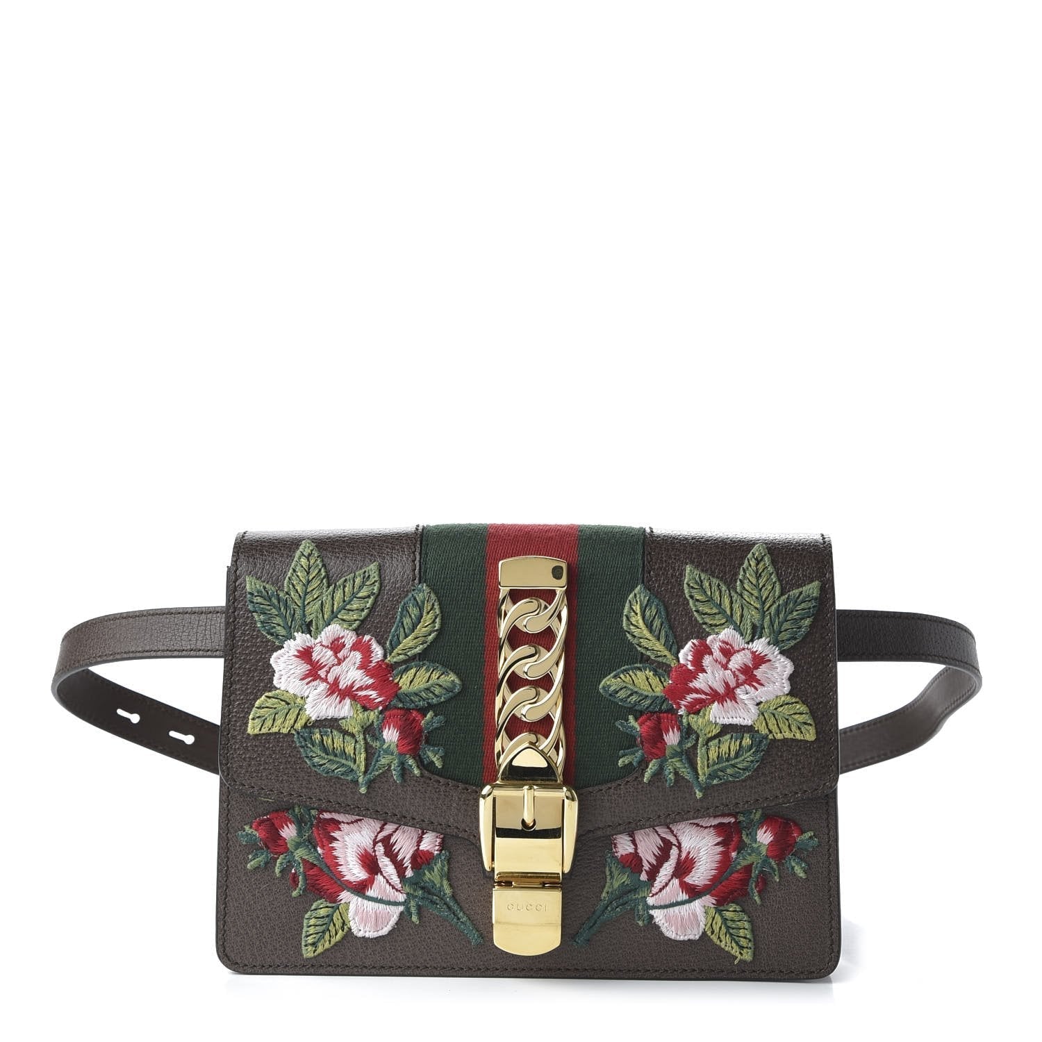 Gucci Sylvie Belt Bag Floral Rose Embroidered Brown Leather 476811