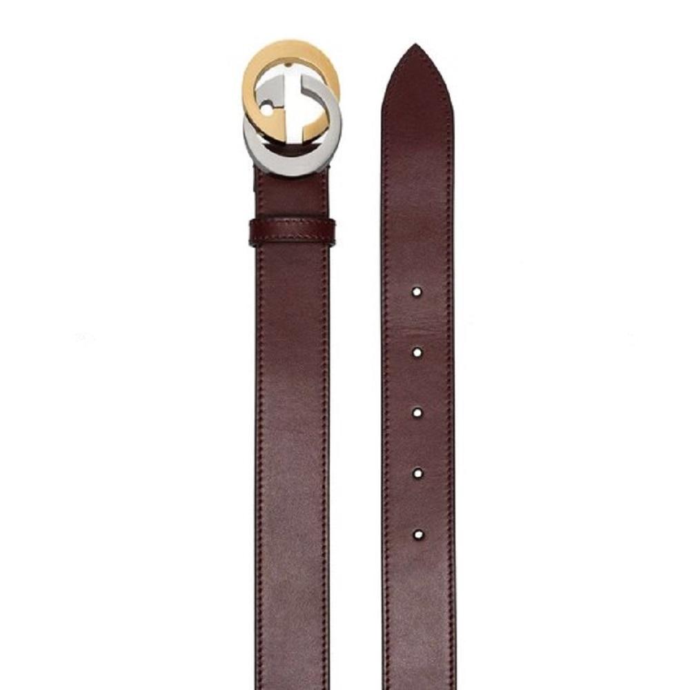 Gucci Unisex Two-tone Interlocking G Burgundy Red Leather Belt Size 90/36 574807