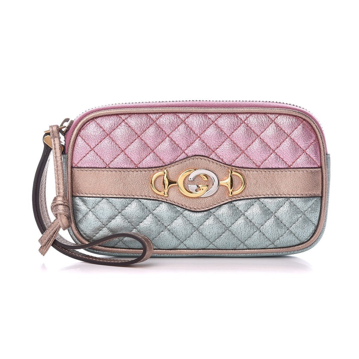 Gucci Women's Dionysus Logo Quilted Laminated Pink Blue Metallic Clutch 542202