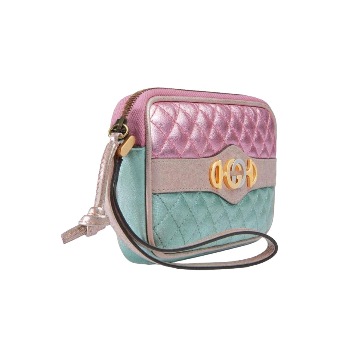 Gucci Women's Dionysus Logo Quilted Laminated Pink Blue Metallic Clutch 542202