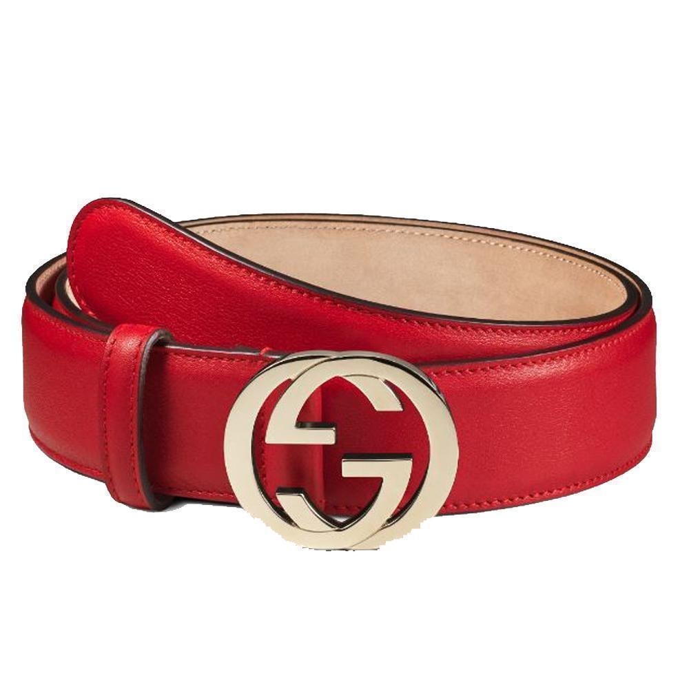 Gucci Women's Red Leather Belt with Interlocking G Buckle 370543 Size 40