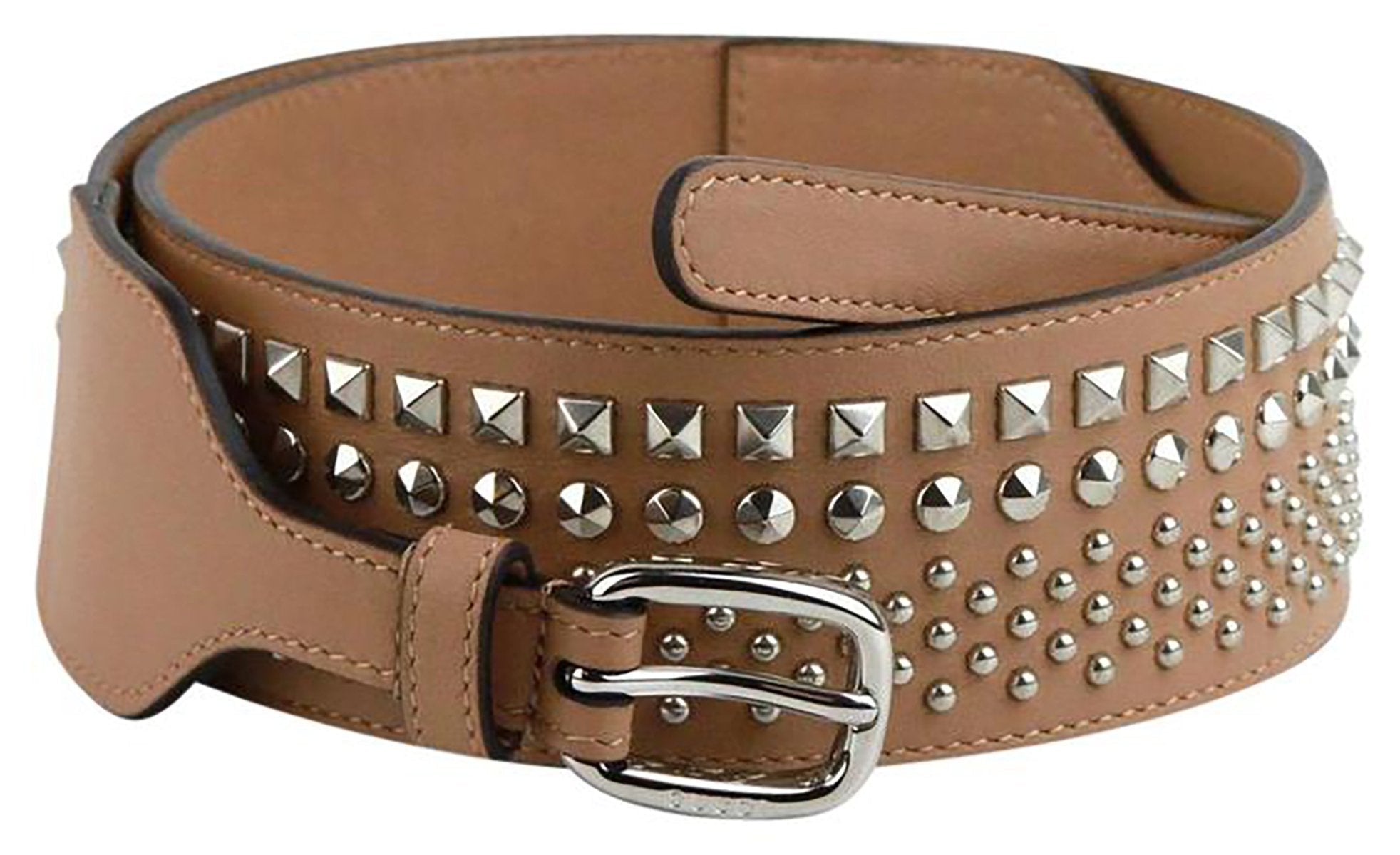 Gucci Women's Silver Studded Camelia Beige Leather Belt Size: 100/40 388985