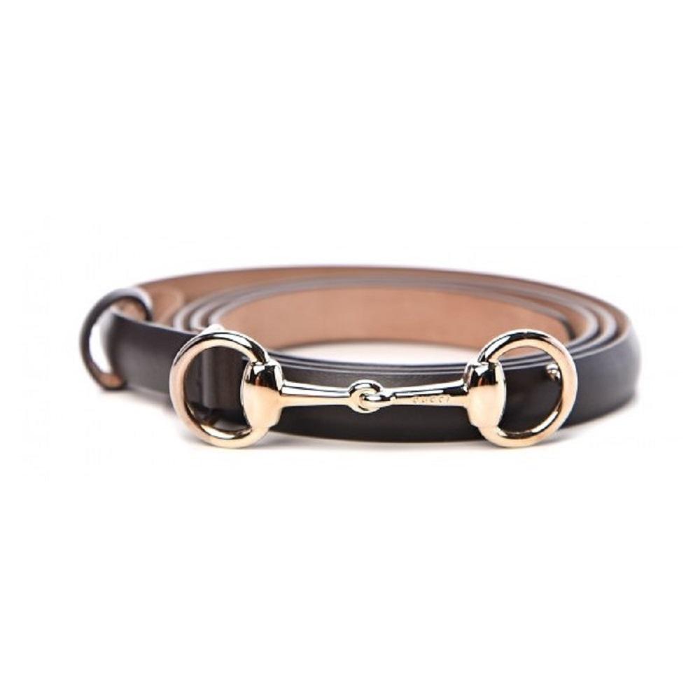 Gucci Women's Skinny Horsebit Cocoa Brown Leather Belt Size 85/34 282349