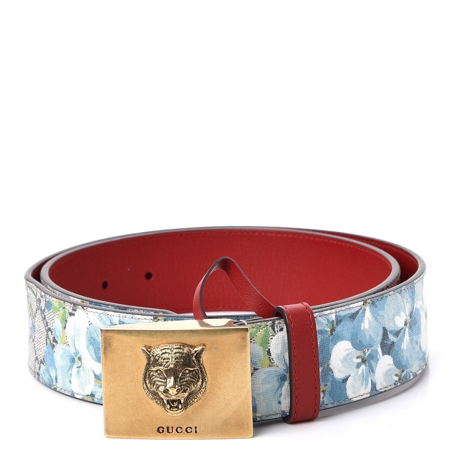 Gucci Womens Blooms GG Canvas Leather Tiger Head Buckle Belt 80/32