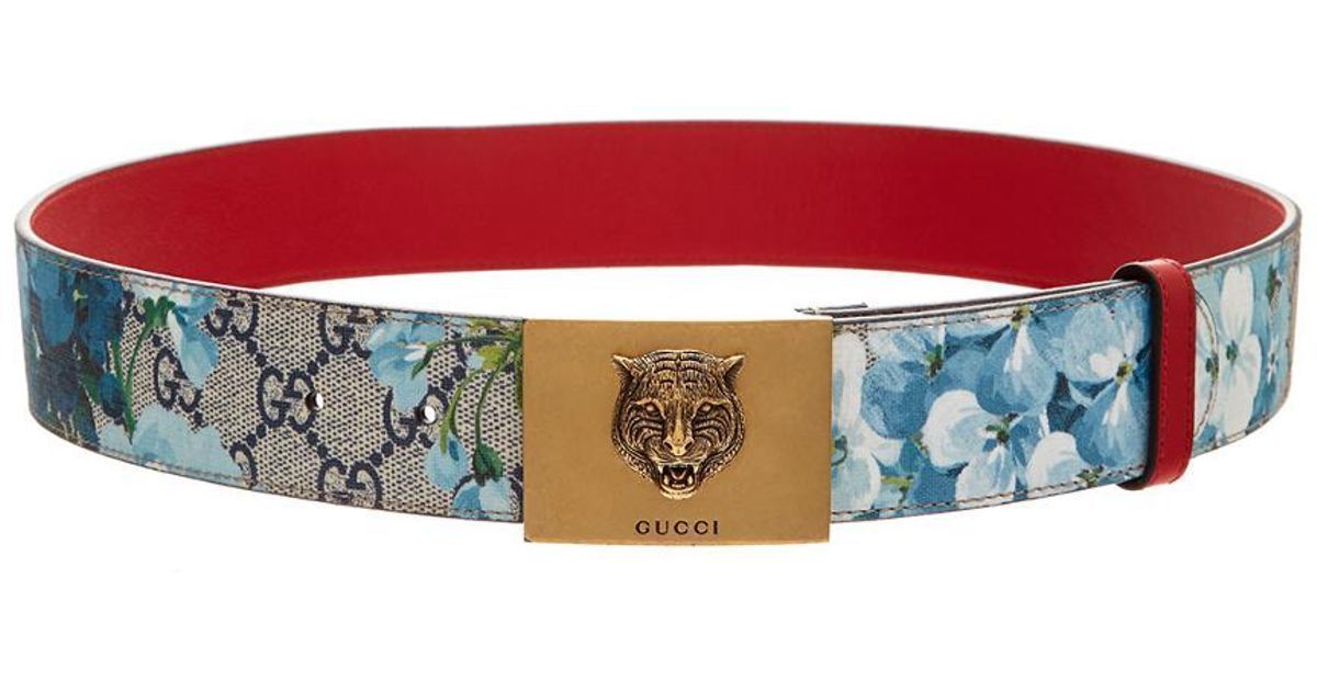 Gucci Womens Blooms GG Canvas Leather Tiger Head Buckle Belt 80/32