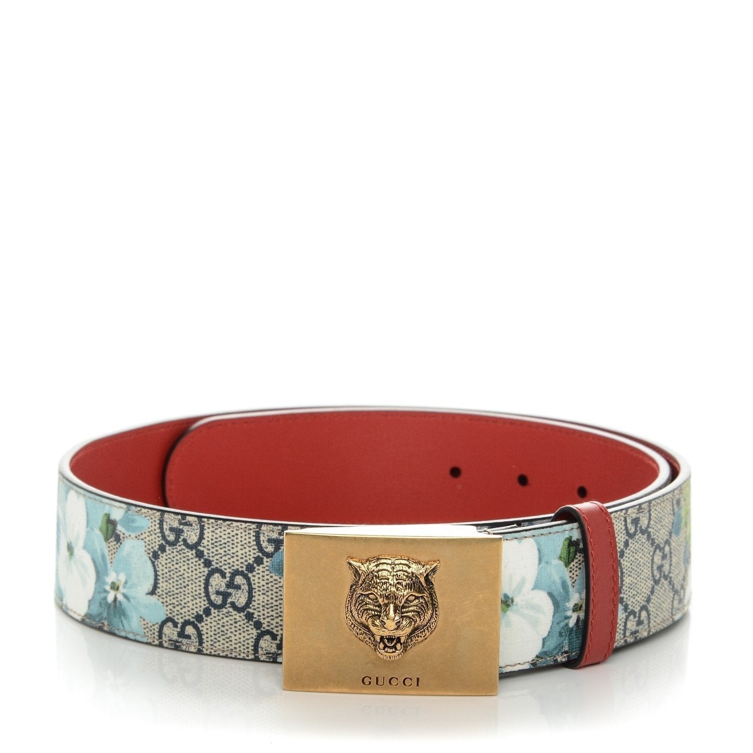 Gucci Womens Blooms GG Canvas Leather Tiger Head Buckle Belt 80/32