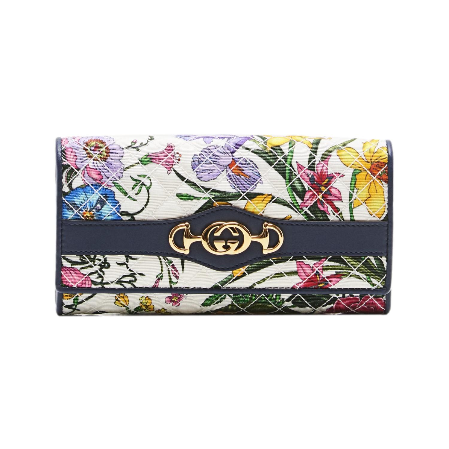 Gucci Zumi Floral Horsebit Quilted Canvas Continental Wallet 536352