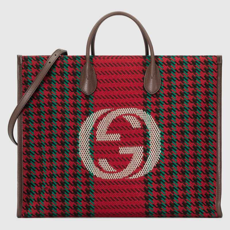 Houndstooth and Stripe Tote with Interlocking G Red and Green