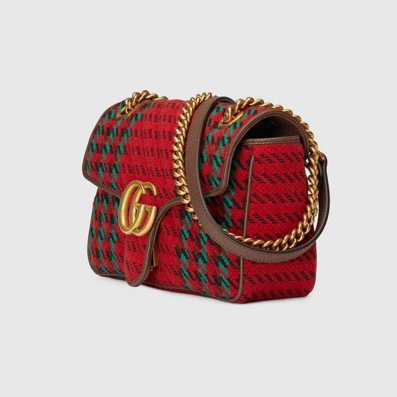 GG Marmont small Houndstooth shoulder bag Red and Green wool